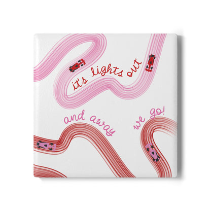 Red and Pink F1 Ceramic Coaster | Curved Tracks with Tiny Cars