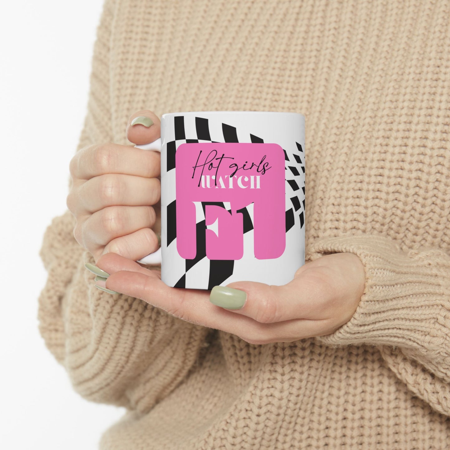 Pink Checkered F1 Mug, Hot Girls Watch F1 Mug