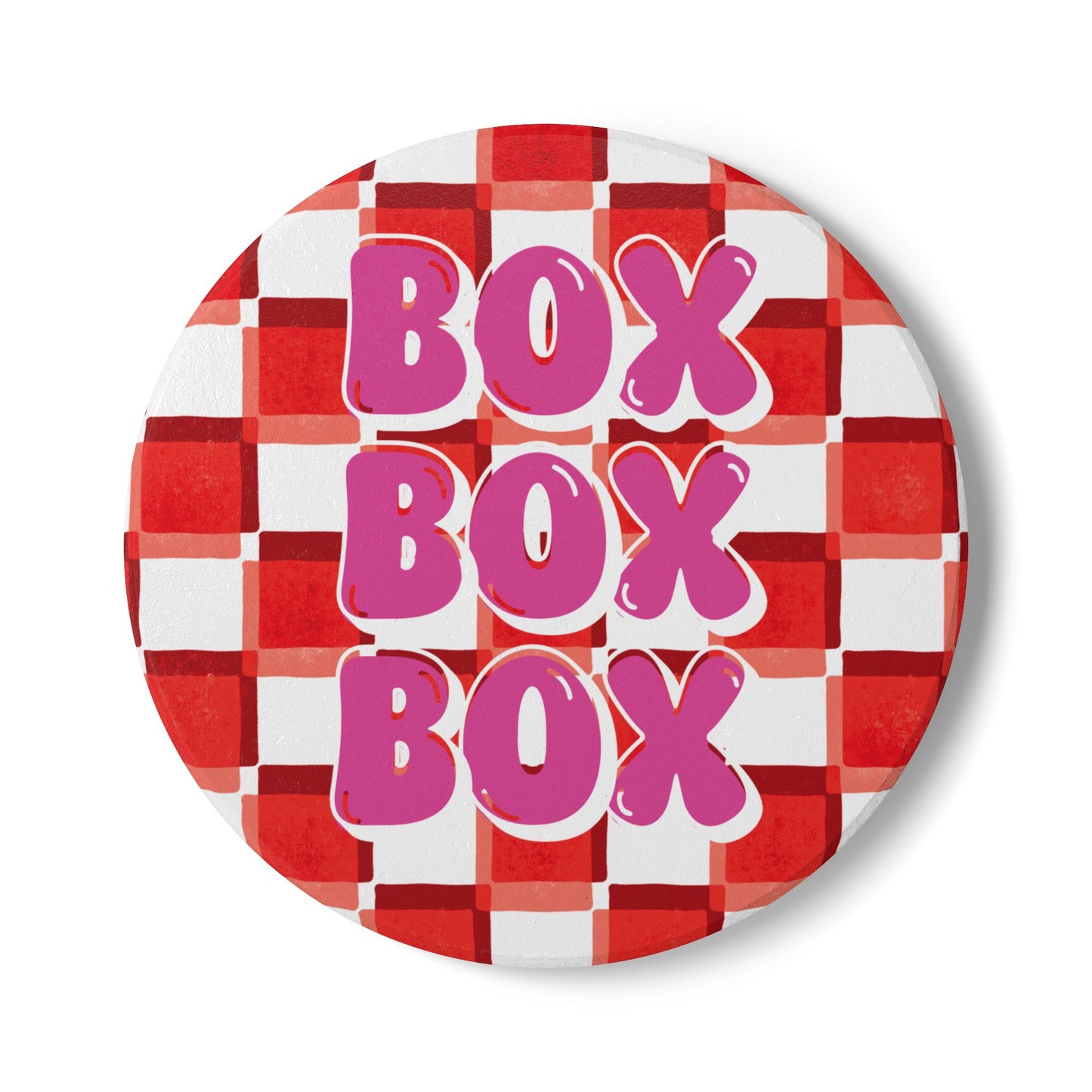 F1 Red and Pink Checkered Ceramic Coaster | Curved Tracks with Tiny Cars