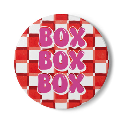 F1 Red and Pink Checkered Ceramic Coaster | Curved Tracks with Tiny Cars