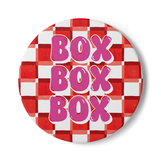 F1 Red and Pink Checkered Ceramic Coaster | Curved Tracks with Tiny Cars