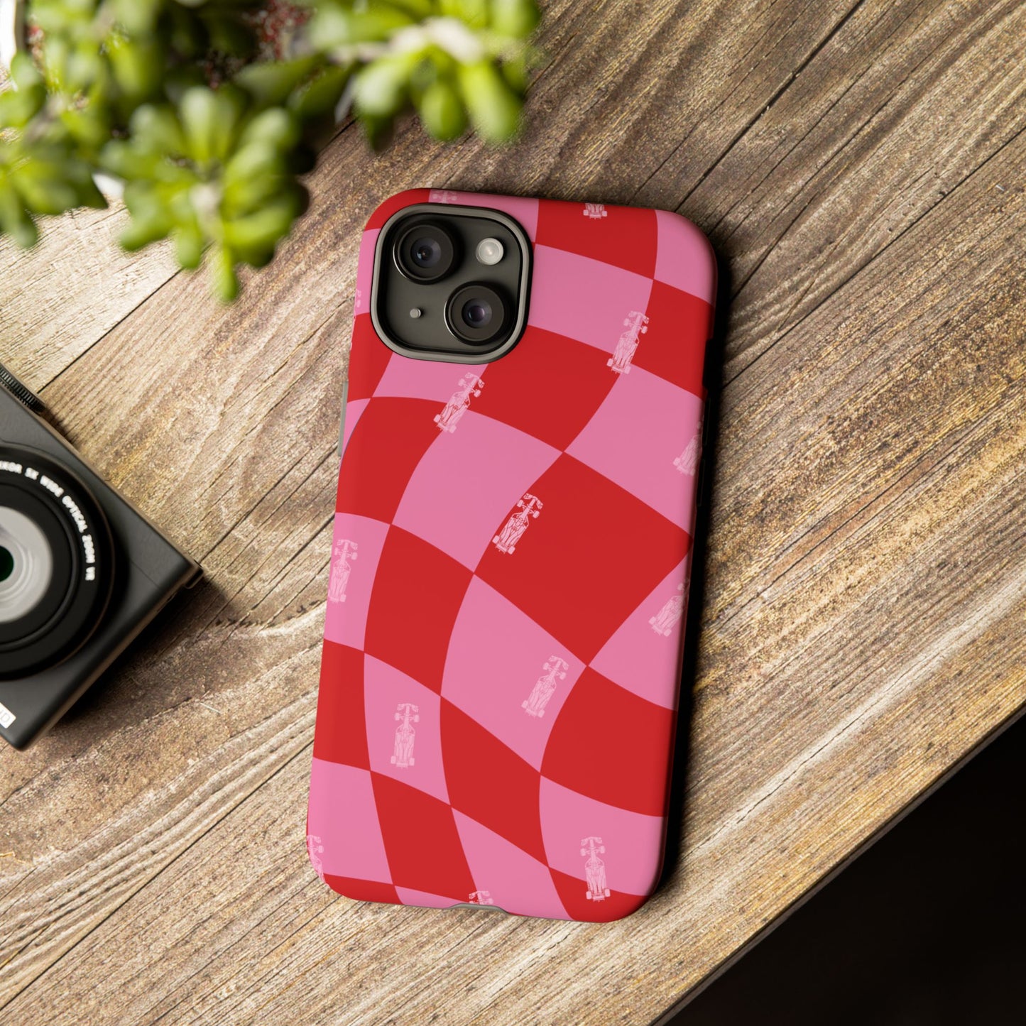F1 Phone Case Pink and Red Checkerboard Design, Trendy F1 Gift, Girly Formula 1 Gift, Cute F1 Phone Case, Unique Formula One Phone Case