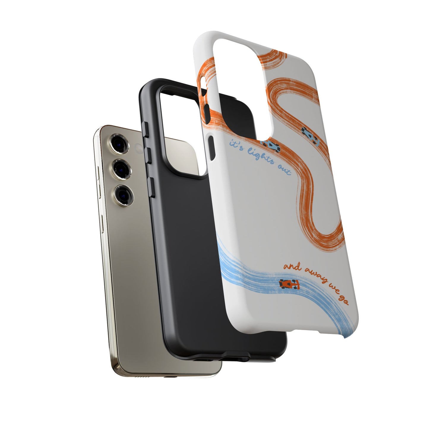 McLaren F1 Phone Case Orange and Blue Painted "its lights out and away we go", Trendy F1 Gift, Formula 1 Gift, Cute F1 Phone Case