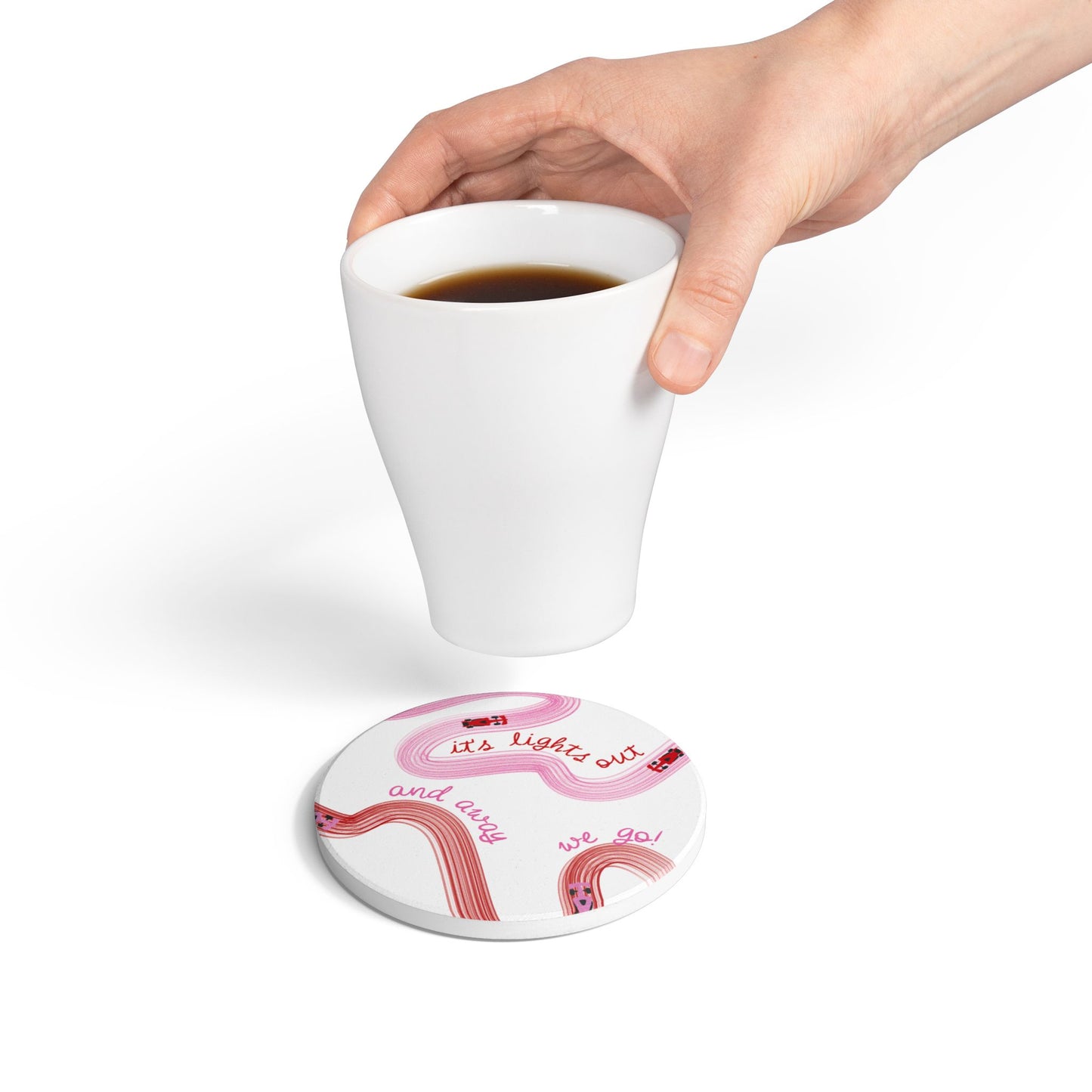 Red and Pink F1 Ceramic Coaster | Curved Tracks with Tiny Cars