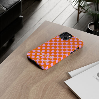 Simply Lovely Orange and Pink Checkered F1 Phone Case Design, Trendy F1 Gift, Formula 1 Gift, Cute F1 Phone Case
