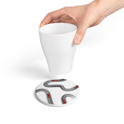 Black and Red F1 Ceramic Coaster | Curved Tracks with Tiny Cars