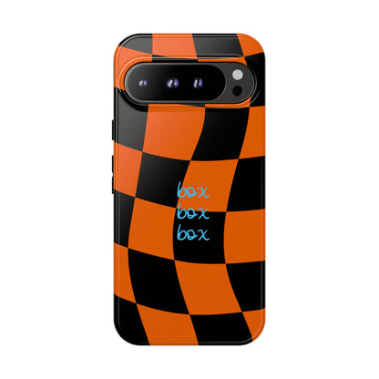 McLaren Orange and Black Checkered F1 Phone Case, Box Box Box F1 Phone Case