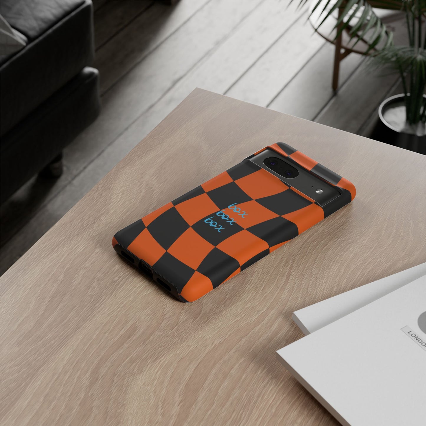 McLaren Orange and Black Checkered F1 Phone Case, Box Box Box F1 Phone Case