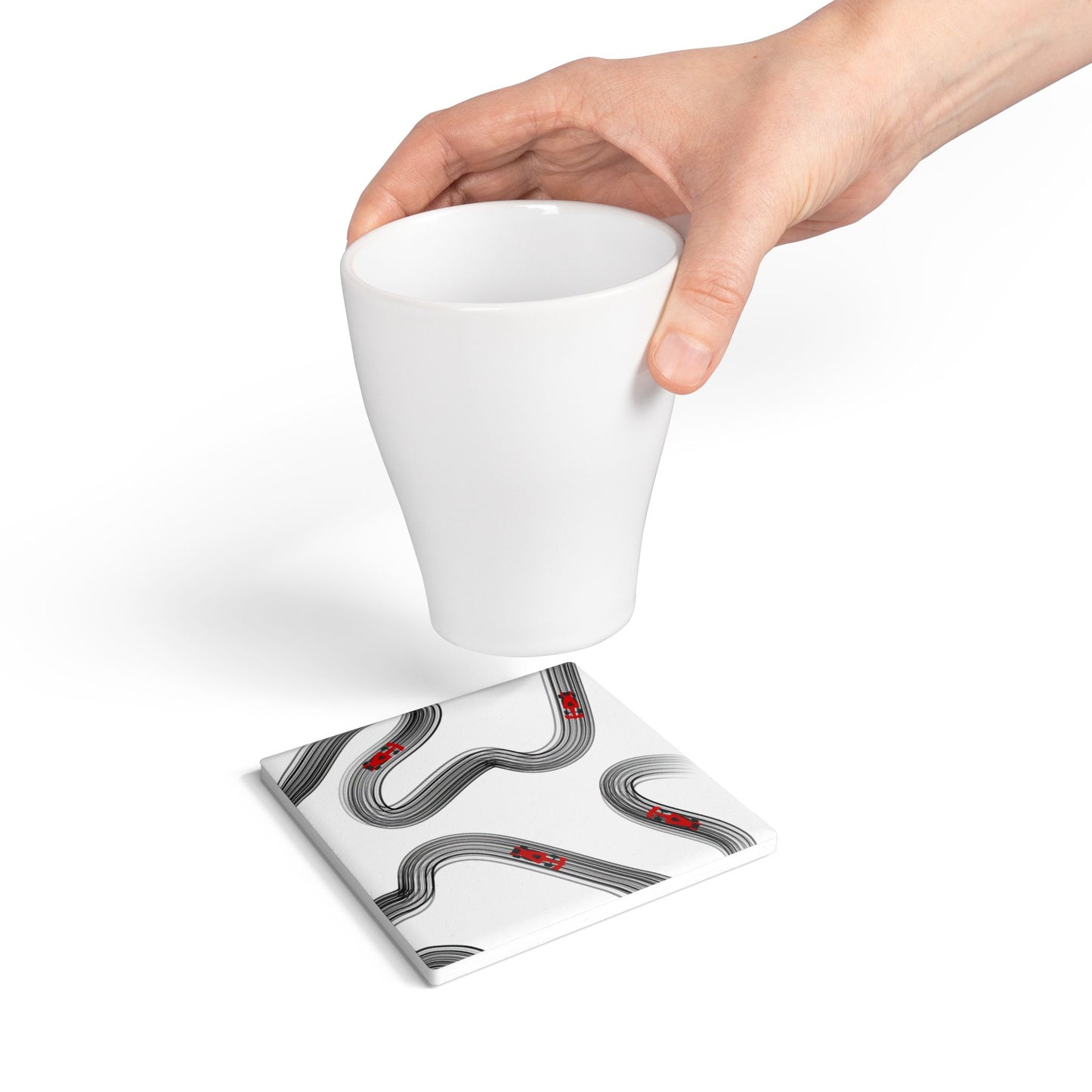 Black and Red F1 Ceramic Coaster | Curved Tracks with Tiny Cars
