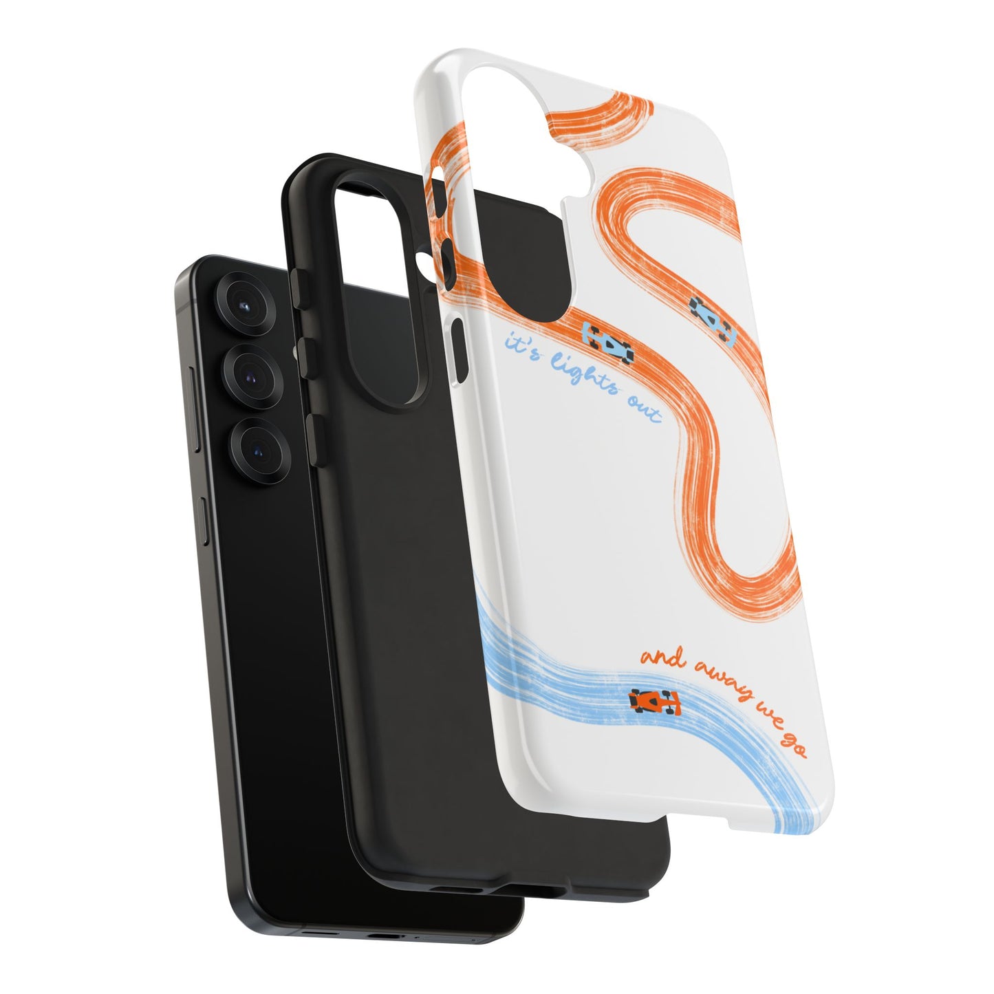 McLaren F1 Phone Case Orange and Blue Painted "its lights out and away we go", Trendy F1 Gift, Formula 1 Gift, Cute F1 Phone Case