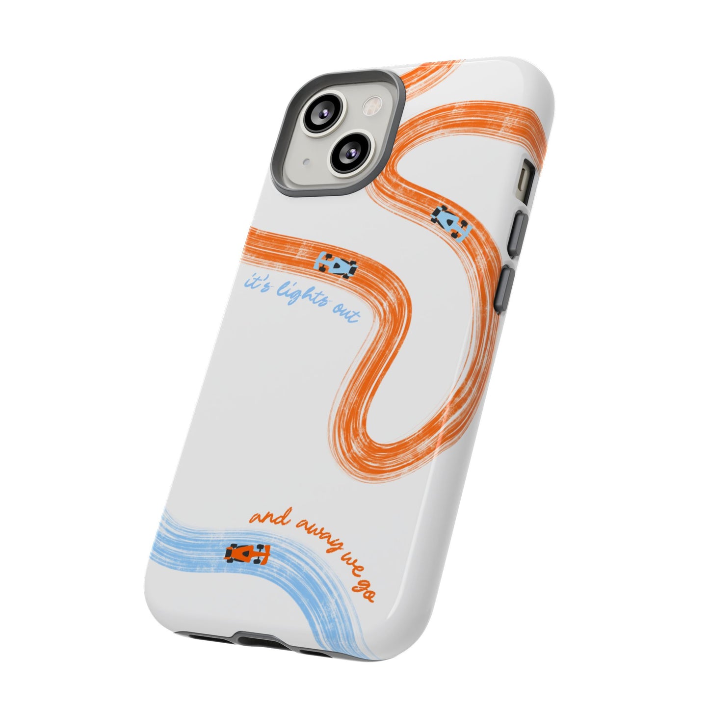 McLaren F1 Phone Case Orange and Blue Painted "its lights out and away we go", Trendy F1 Gift, Formula 1 Gift, Cute F1 Phone Case