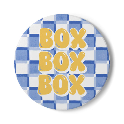 F1 Racing Bulls Blue and Yellow Checkered Ceramic Coaster | Curved Tracks with Tiny Cars