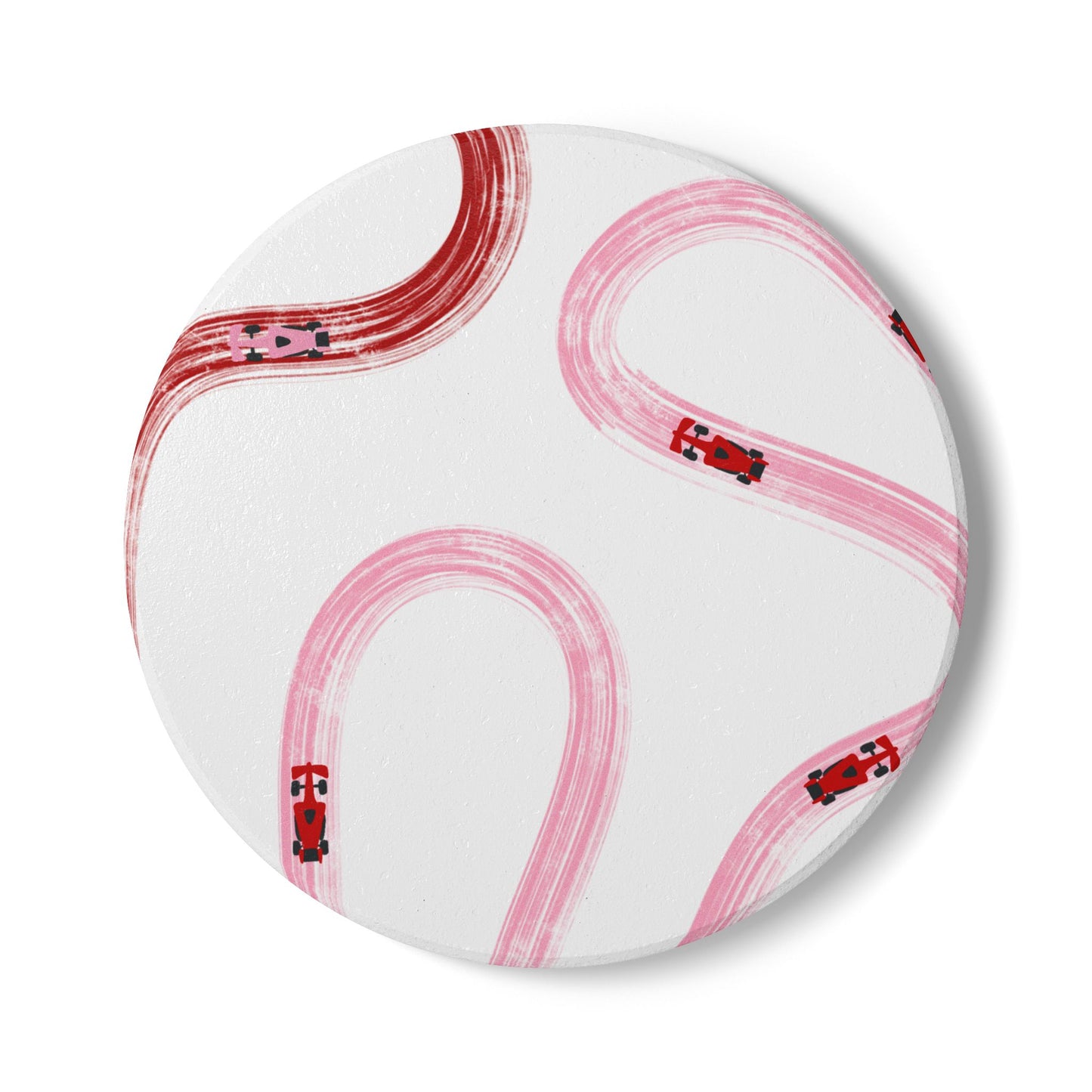 Pink and Red Racing Cars Track Illustration Ceramic Coaster | Pink Curved Tracks with Tiny Cars
