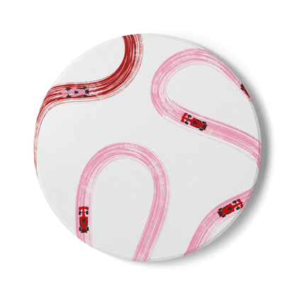 Pink and Red Racing Cars Track Illustration Ceramic Coaster | Pink Curved Tracks with Tiny Cars