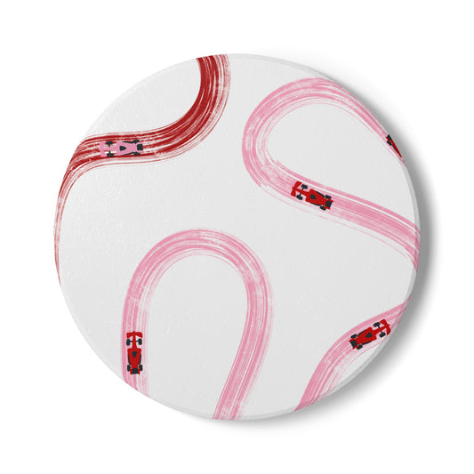 Pink and Red Racing Cars Track Illustration Ceramic Coaster | Pink Curved Tracks with Tiny Cars