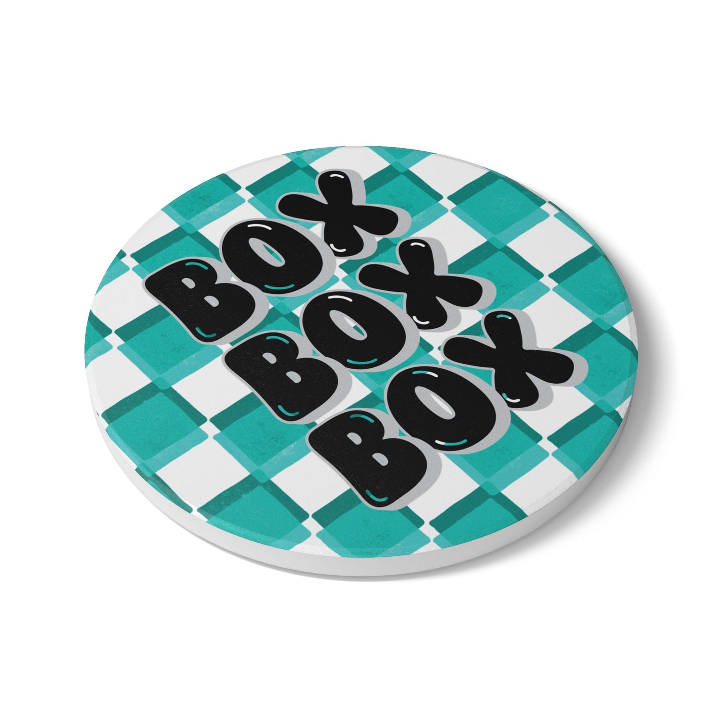 Mercedes F1 Teal and Grey Checkered Ceramic Coaster | Curved Tracks with Tiny Cars