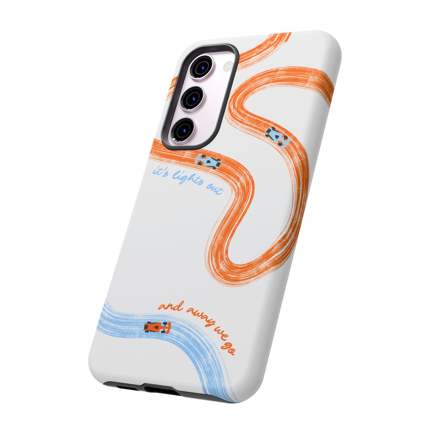 McLaren F1 Phone Case Orange and Blue Painted "its lights out and away we go", Trendy F1 Gift, Formula 1 Gift, Cute F1 Phone Case