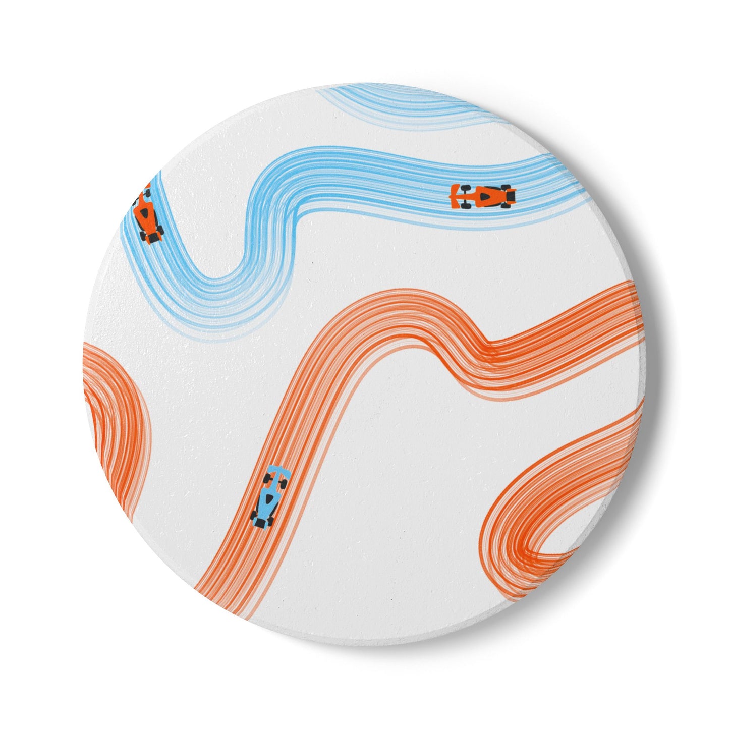 McLaren Orange and Blue Racing Cars Track Illustration Ceramic Coaster | Curved Tracks with Tiny Cars