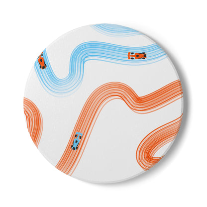 McLaren Orange and Blue Racing Cars Track Illustration Ceramic Coaster | Curved Tracks with Tiny Cars