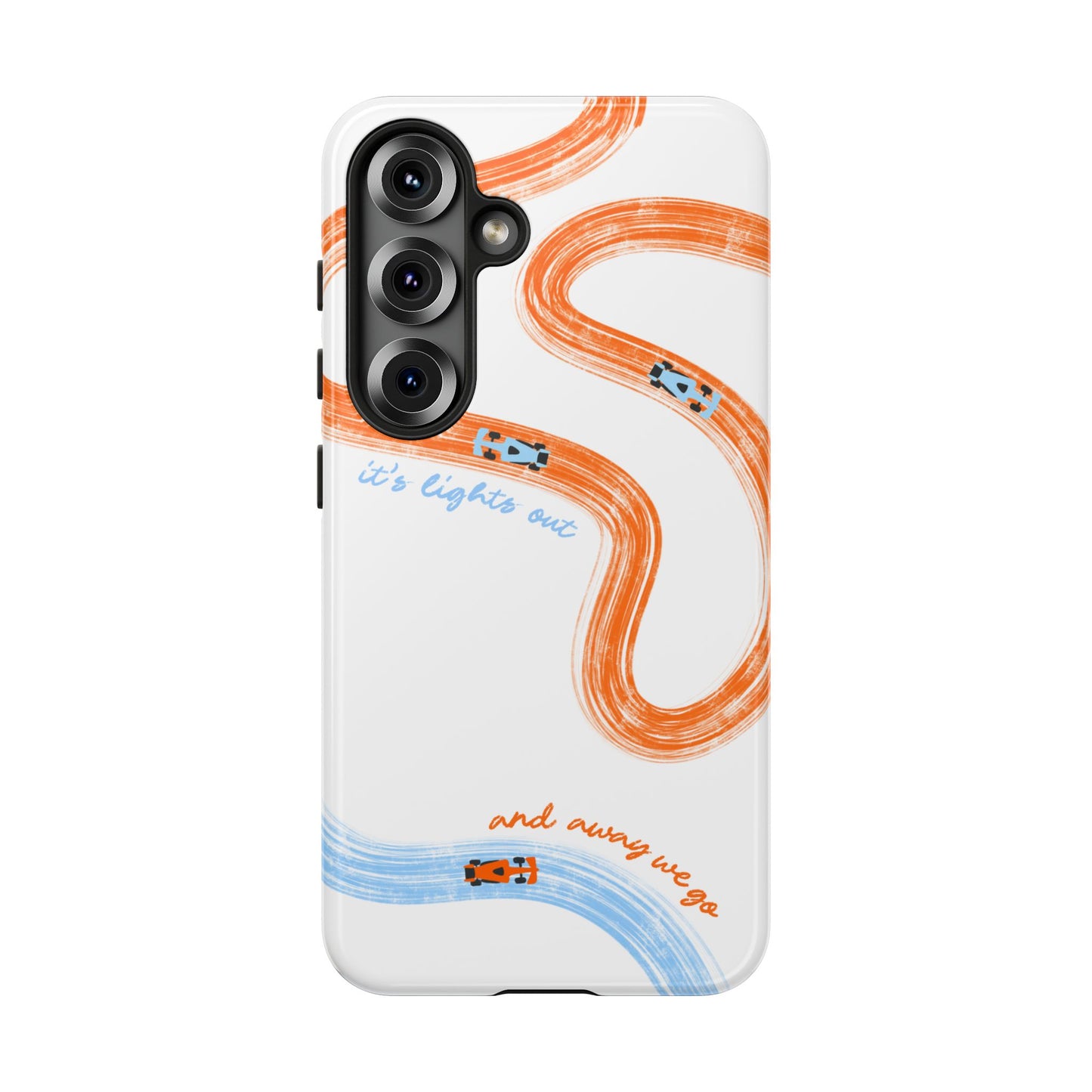 McLaren F1 Phone Case Orange and Blue Painted "its lights out and away we go", Trendy F1 Gift, Formula 1 Gift, Cute F1 Phone Case
