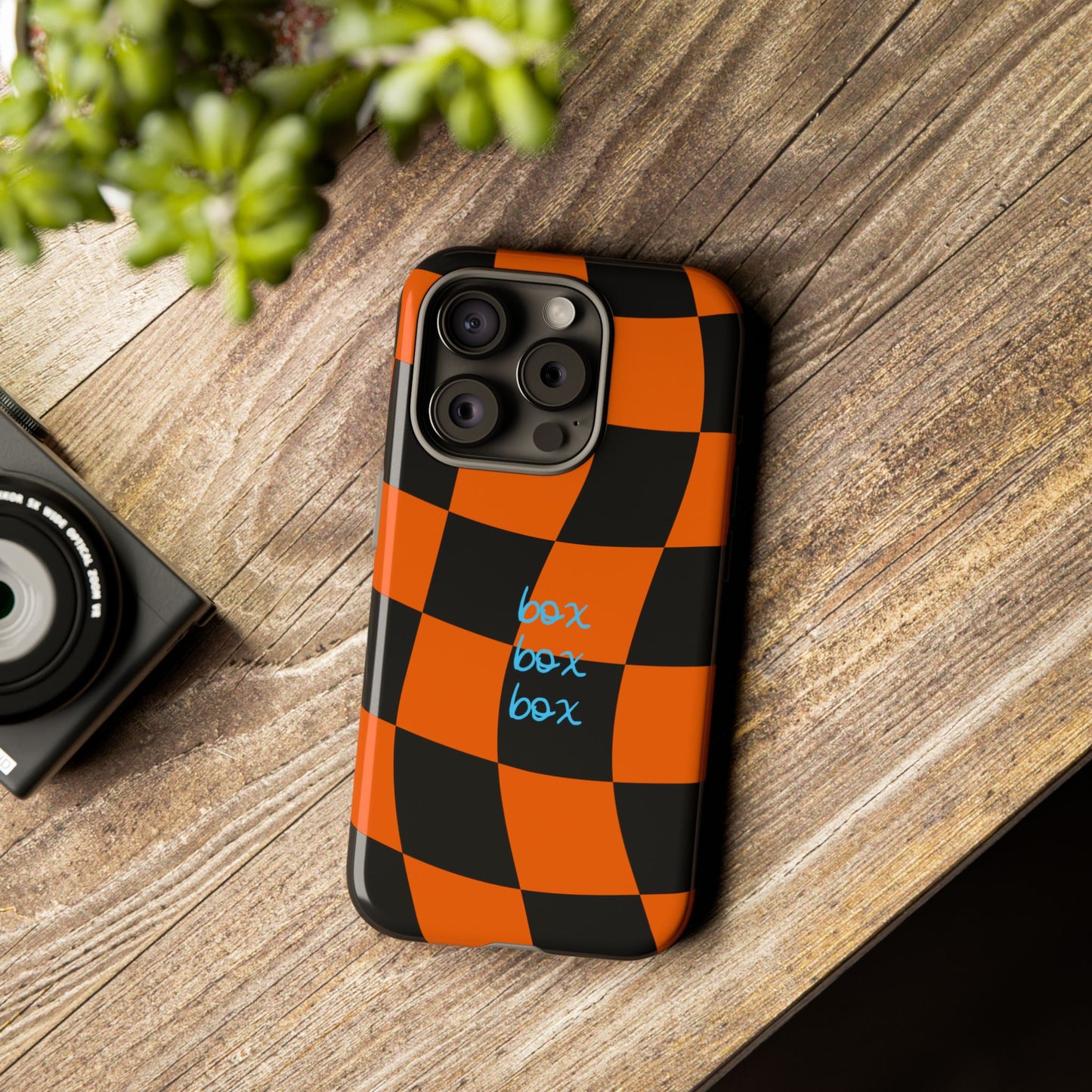 McLaren Orange and Black Checkered F1 Phone Case, Box Box Box F1 Phone Case