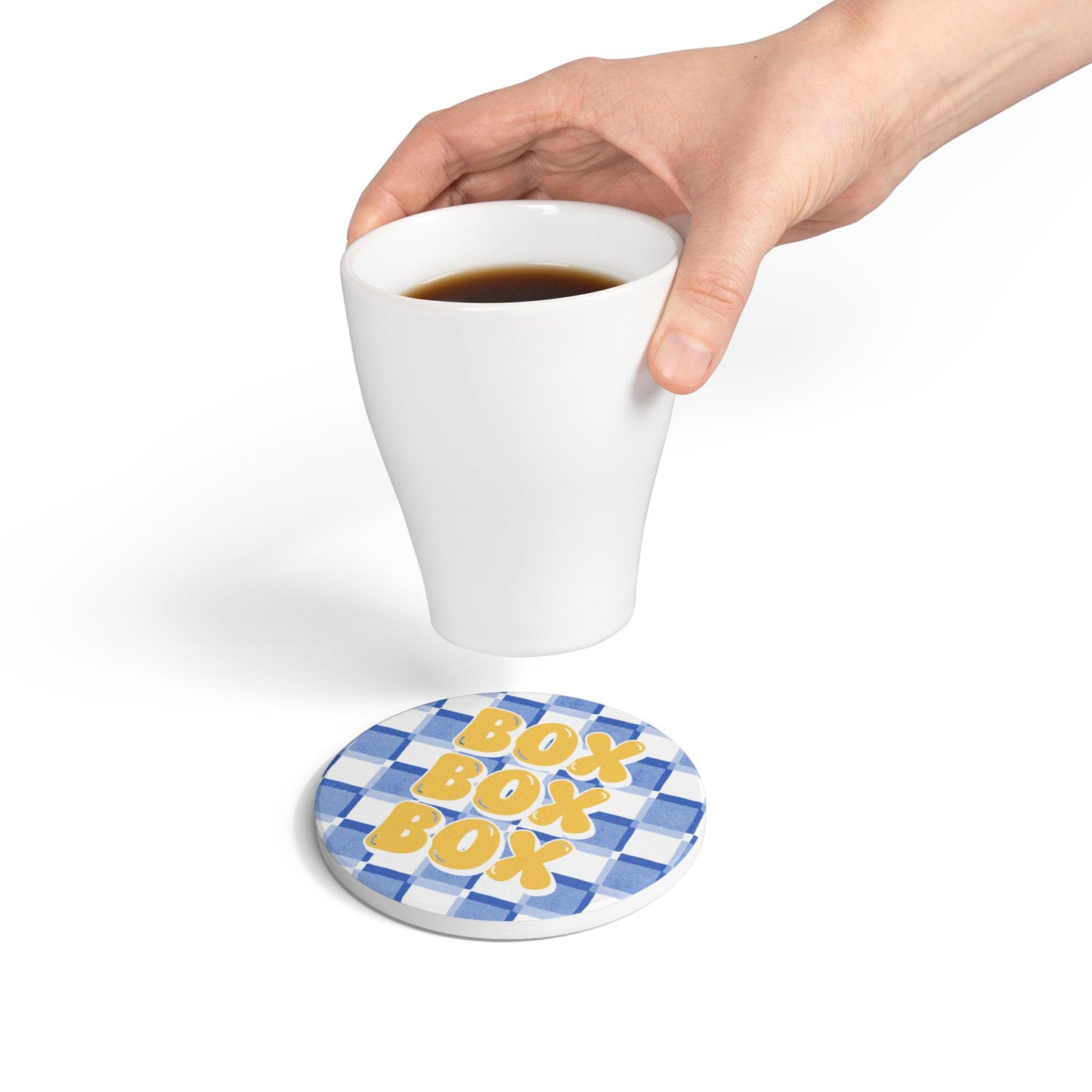 F1 Racing Bulls Blue and Yellow Checkered Ceramic Coaster | Curved Tracks with Tiny Cars