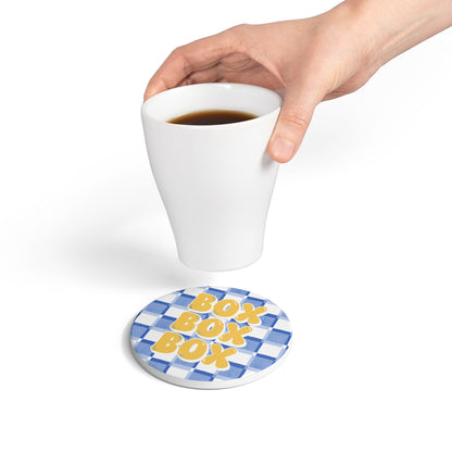 F1 Racing Bulls Blue and Yellow Checkered Ceramic Coaster | Curved Tracks with Tiny Cars