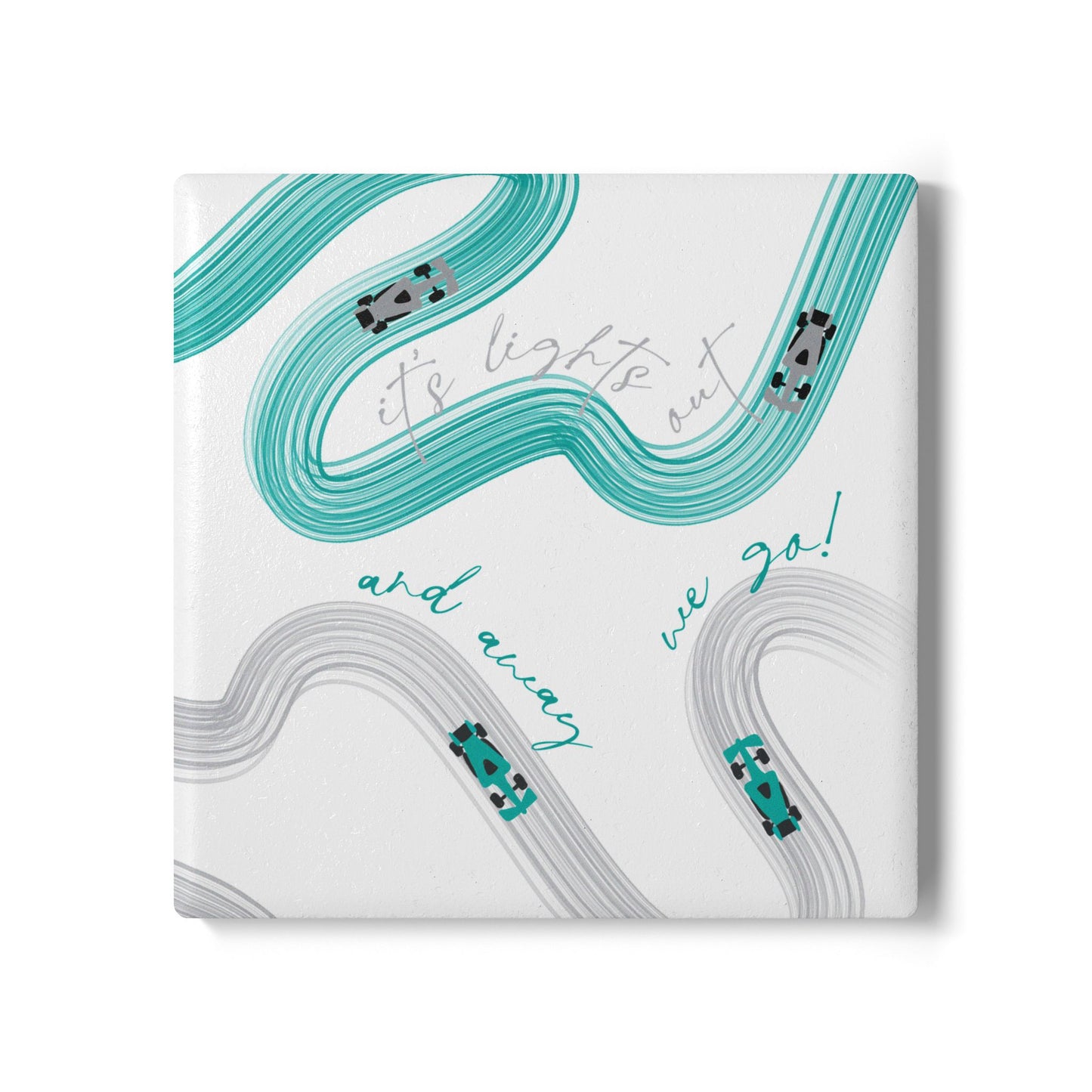 Mercedes Teal and Grey F1 Ceramic Coaster | Curved Tracks with Tiny Cars