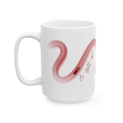 Red Painted F1  It's Lights Out and Away We Go Mug, Unique Gift for Coffee Lovers, Whimsical Formula 1 Gift