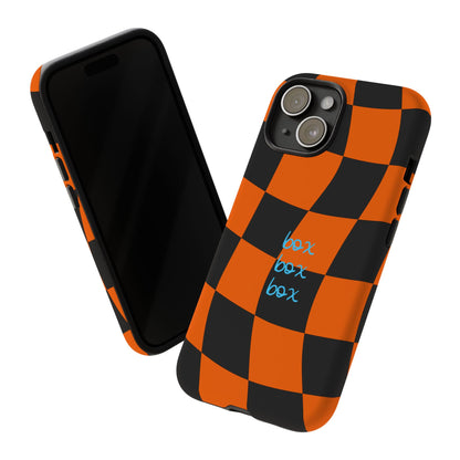 McLaren Orange and Black Checkered F1 Phone Case, Box Box Box F1 Phone Case