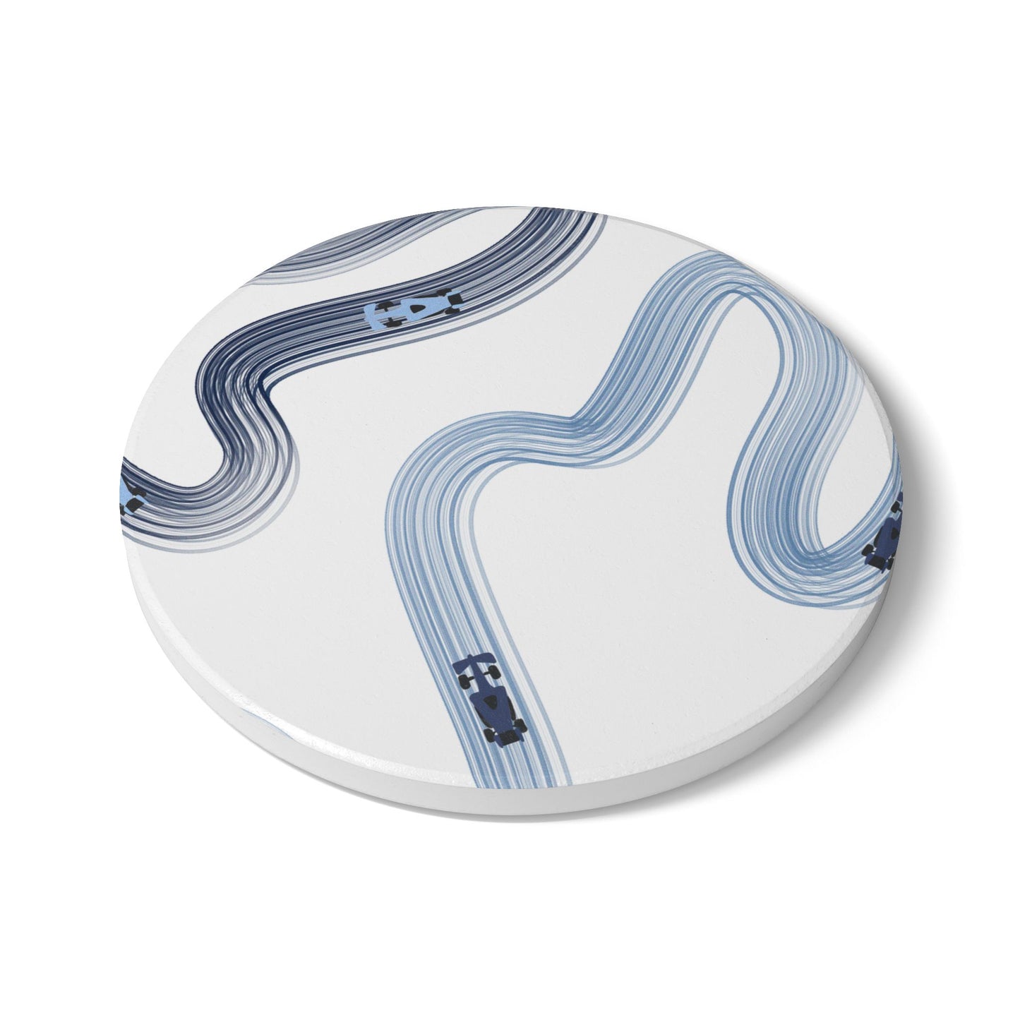 Blue Racing Cars Track Illustration Ceramic Coaster | Curved Tracks with Tiny Cars