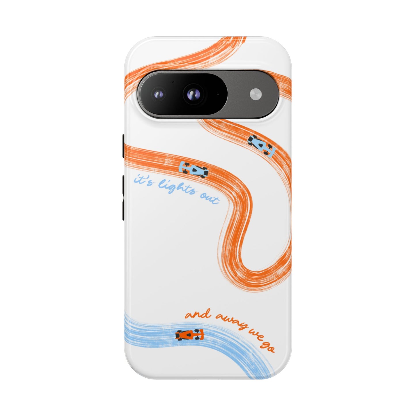 McLaren F1 Phone Case Orange and Blue Painted "its lights out and away we go", Trendy F1 Gift, Formula 1 Gift, Cute F1 Phone Case