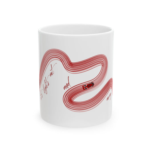 Red Painted F1  It's Lights Out and Away We Go Mug, Unique Gift for Coffee Lovers, Whimsical Formula 1 Gift