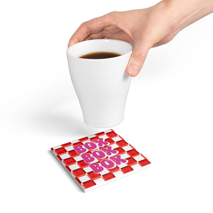 F1 Red and Pink Checkered Ceramic Coaster | Curved Tracks with Tiny Cars