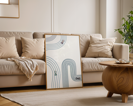 Vertical Poster - Abstract Minimalist F1 Cars in Blues Design