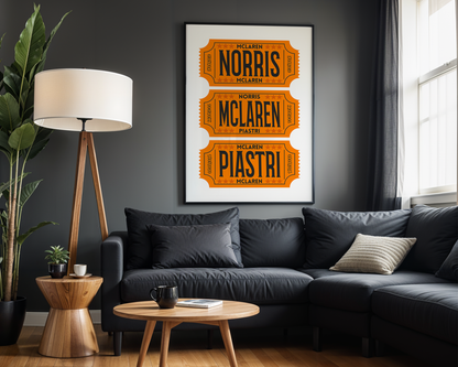 F1 McLaren Racing Retro Ticket Stubs Poster, Matte Vertical Art Print