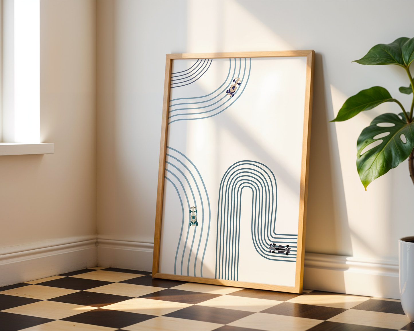 Vertical Poster - Abstract Minimalist F1 Cars in Blues Design