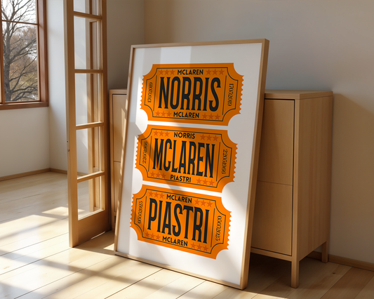 F1 McLaren Racing Retro Ticket Stubs Poster, Matte Vertical Art Print