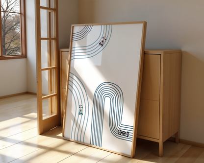 Vertical Poster - Abstract Minimalist F1 Cars in Blues Design