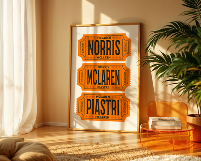 F1 McLaren Racing Retro Ticket Stubs Poster, Matte Vertical Art Print
