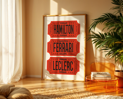 F1 Ferrari Racing Retro Ticket Stubs Poster, Matte Vertical Art Print