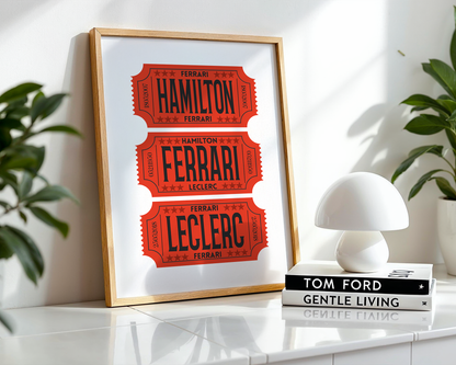 F1 Ferrari Racing Retro Ticket Stubs Poster, Matte Vertical Art Print