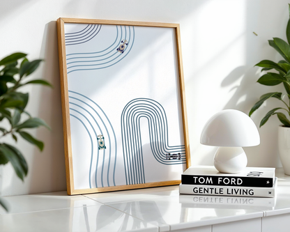 Vertical Poster - Abstract Minimalist F1 Cars in Blues Design