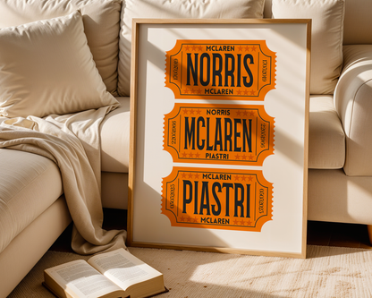 F1 McLaren Racing Retro Ticket Stubs Poster, Matte Vertical Art Print